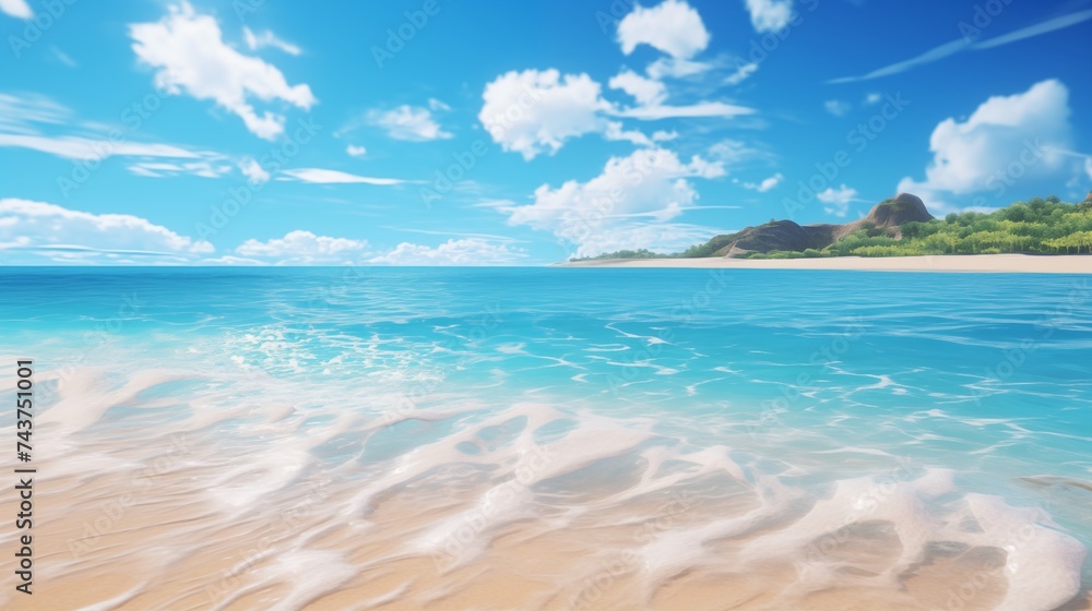 A sun-drenched beach with golden sand and crystal-clear turquoise water lapping at the shore - obrazy, fototapety, plakaty 