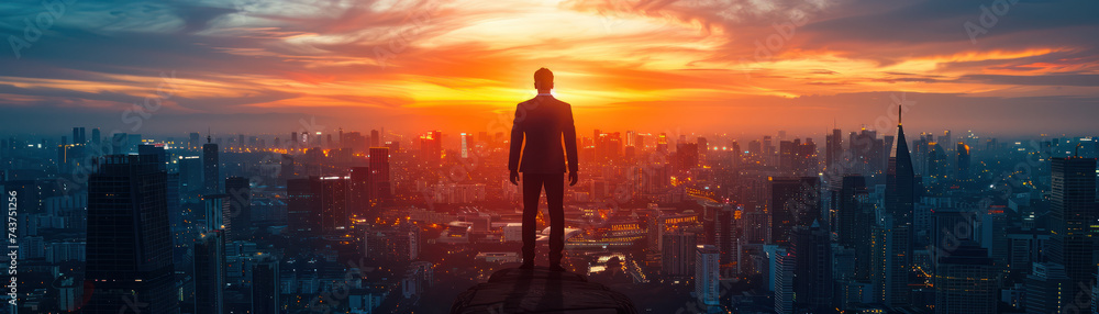 Businessman Overlooking City at Sunset
