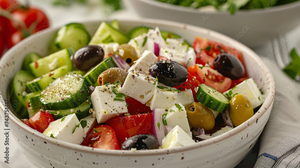 Healthy Greek salad bowls with cheese, olives, cucumbers, and tomatoes.