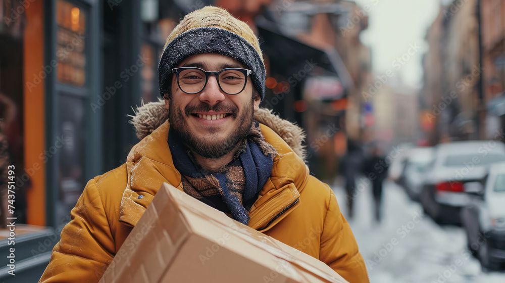 Happy, Confident Caucasian Male Courier with Beard Holding Package in Modern City Street Happy, Confident Caucasian Male Courier with Beard Holding Package in Modern City Street