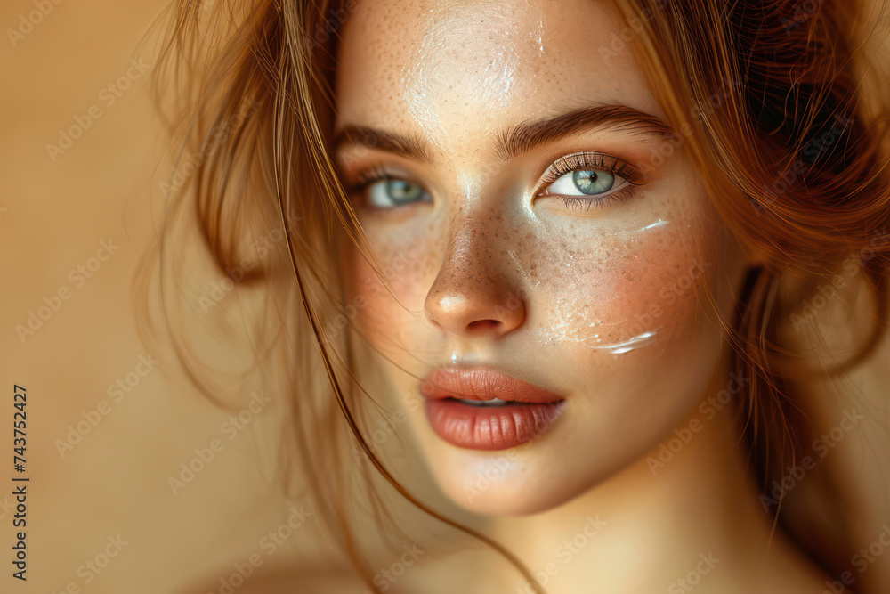 Radiant Beauty: A Close-up Portrait of a Young Caucasian Woman with Perfect Skin and Attractive Freckles, Embodying Freshness and Natural Glamour on a White Background. Radiant Beauty: A Close-up Portrait of a Young Caucasian Woman with Perfect Skin and Attractive Freckles, Embodying Freshness and Natural Glamour on a White Background.