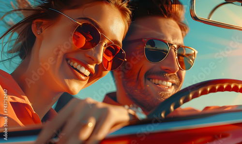 Happy smile aged couple man and woman traveling in car convertible the coast on summer sunny day.
