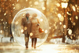 Photo of mature couple walking in protective bubble