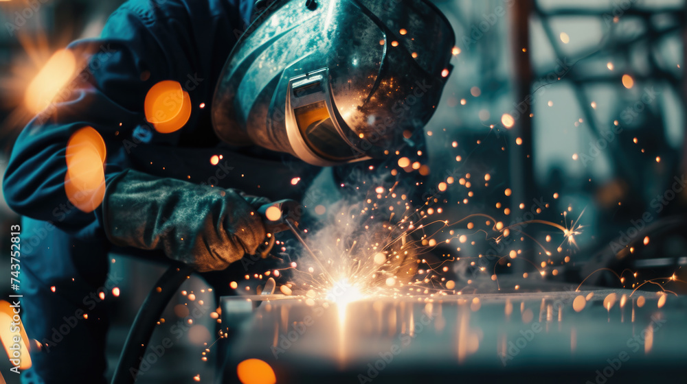 Welder working on piece of metal Welder working on piece of metal