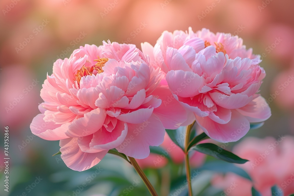 Fototapeta premium Up close view of two delicate pink flowers with a soft, blurred background enhancing their beauty