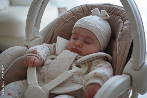 Peaceful baby sleeping in car seat, perfect for parenting articles or baby product advertisements