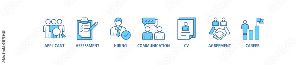 Job interview banner web icon set vector illustration concept with icon of applicant, assessment, hiring, communication, cv, agreement and career Job interview banner web icon set vector illustration concept with icon of applicant, assessment, hiring, communication, cv, agreement and career