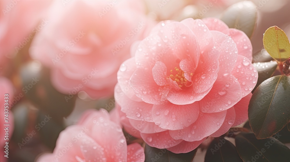 Fototapeta premium A detailed close-up of a vibrant pink flower covered in delicate water droplets, creating a mesmerizing and artistic scene