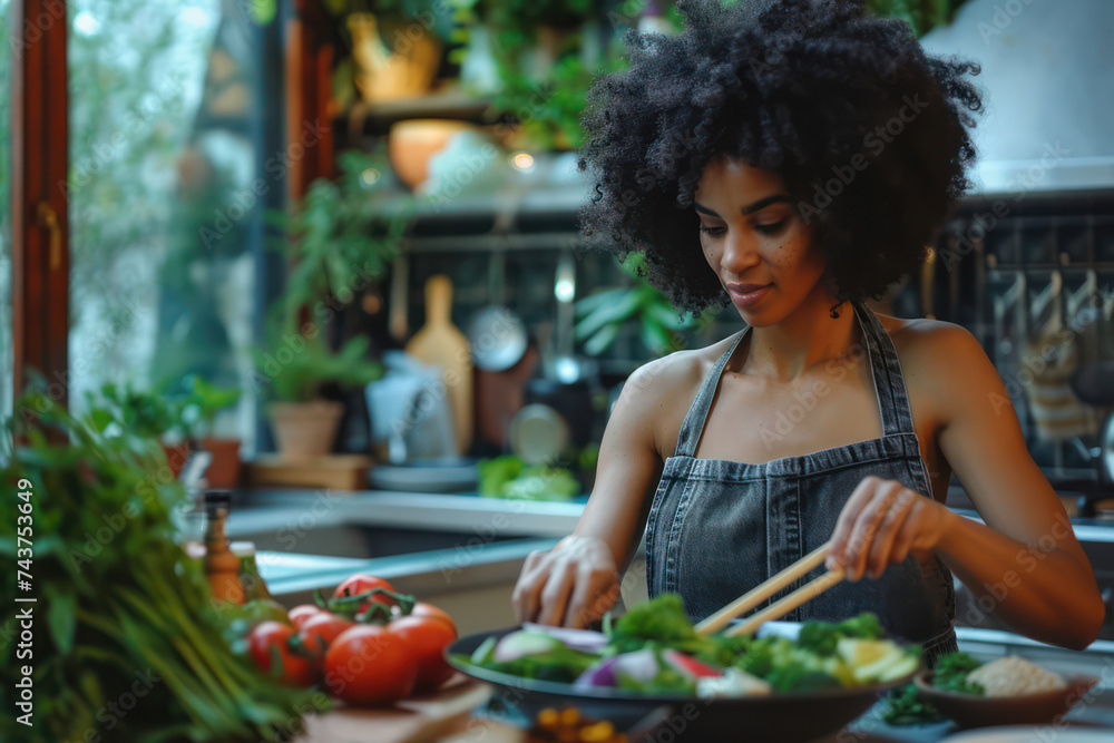 Fresh and Healthy: Beautiful Young Woman Cooking a Vegetarian Salad in a Home Kitchen