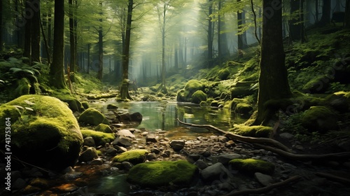 A serene forest clearing with dappled sunlight filtering through the leaves onto a moss-covered ground © JollyGrapher