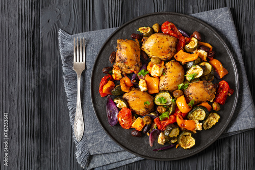 baked chicken thighs with veggies, olives, feta