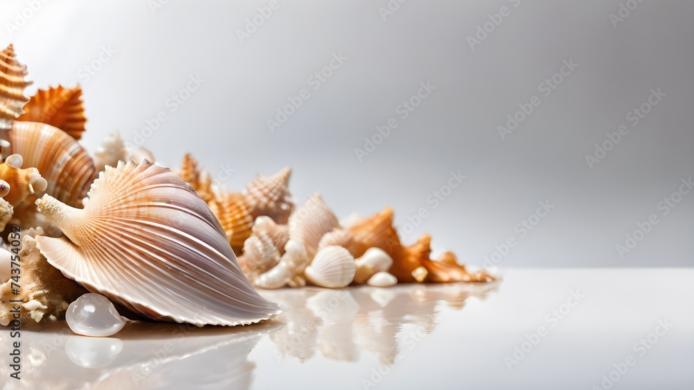 sea shells on the whitw background , product display, copy space , space for text sea shells on the whitw background , product display, copy space , space for text