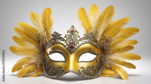 yellow venetian carnival mask on white screen , 3d rending 