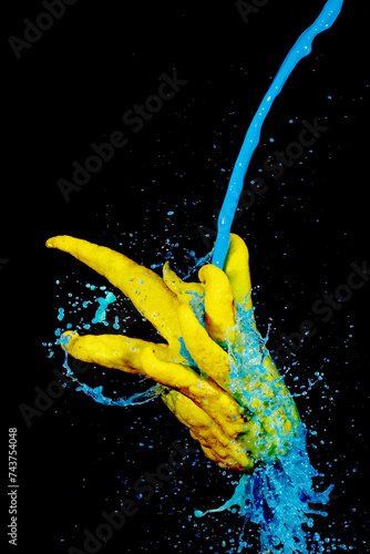 Dynamic splash of blue paint colliding with a Buddha's hand citron against a dark background, creating a visually striking contrast photo