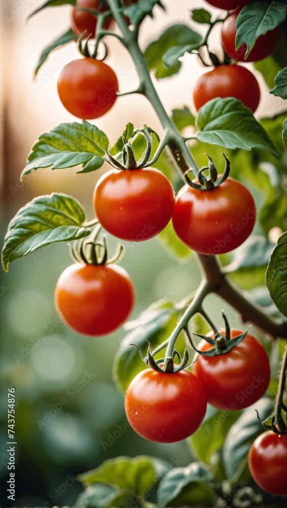 Cluster of red cherry tomatoes ready for harvest, hanging amidst green foliage. Cluster of red cherry tomatoes ready for harvest, hanging amidst green foliage.