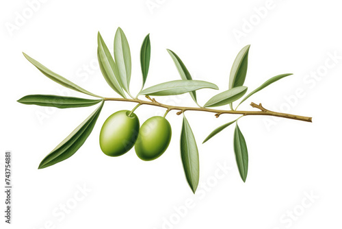 Branch with green olives isolated on white background. Olive tree branch illustration. Object for cutting, your design, packaging