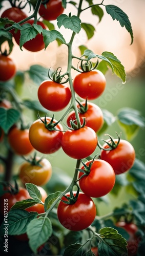 Ripe Cherry Tomatoes Dangling on the Vine in a Lush Garden During Summer