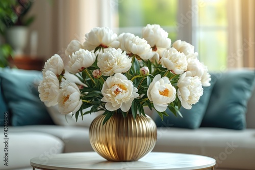 A delicate vase holds a bouquet of white flowers, resting elegantly on a wooden table © AI Exclusive 