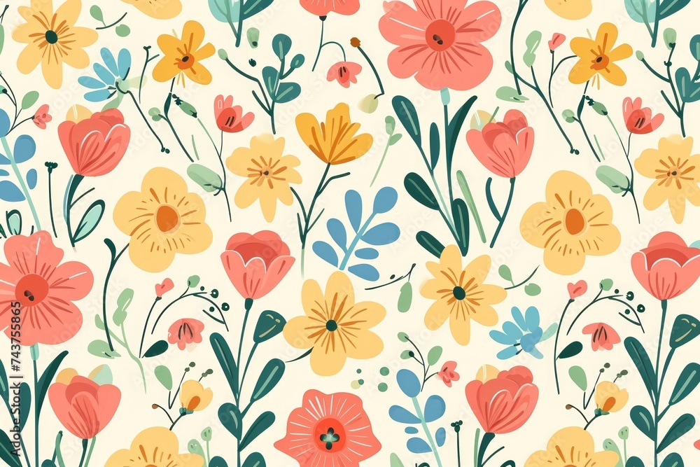 Watercolor seamless Illustration of spring flowers with various types of flowers, concept of the arrival and onset of spring. Concept for wrapped cover paper Watercolor seamless Illustration of spring flowers with various types of flowers, concept of the arrival and onset of spring. Concept for wrapped cover paper