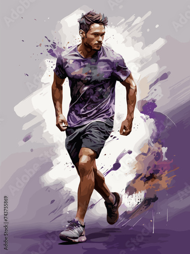 Watercolor vector illustration with a running man in sportswear on an abstract background. For print and web.