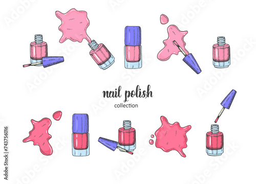 Vector set with colored pink cosmetic nail polish blot, brush of gel polish, nail polish in sketch style.