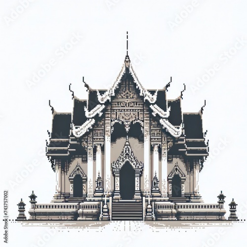 Pixel art of temple with a white background, in the style of early 90s video game console, cute 8 bit illustration photo