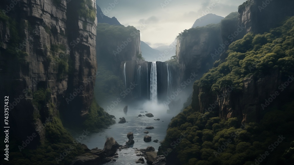 A majestic waterfall plunging into a misty gorge surrounded by towering cliffs - obrazy, fototapety, plakaty 