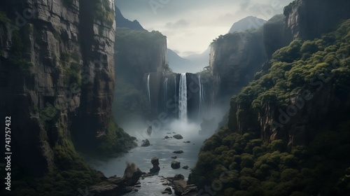 A majestic waterfall plunging into a misty gorge surrounded by towering cliffs