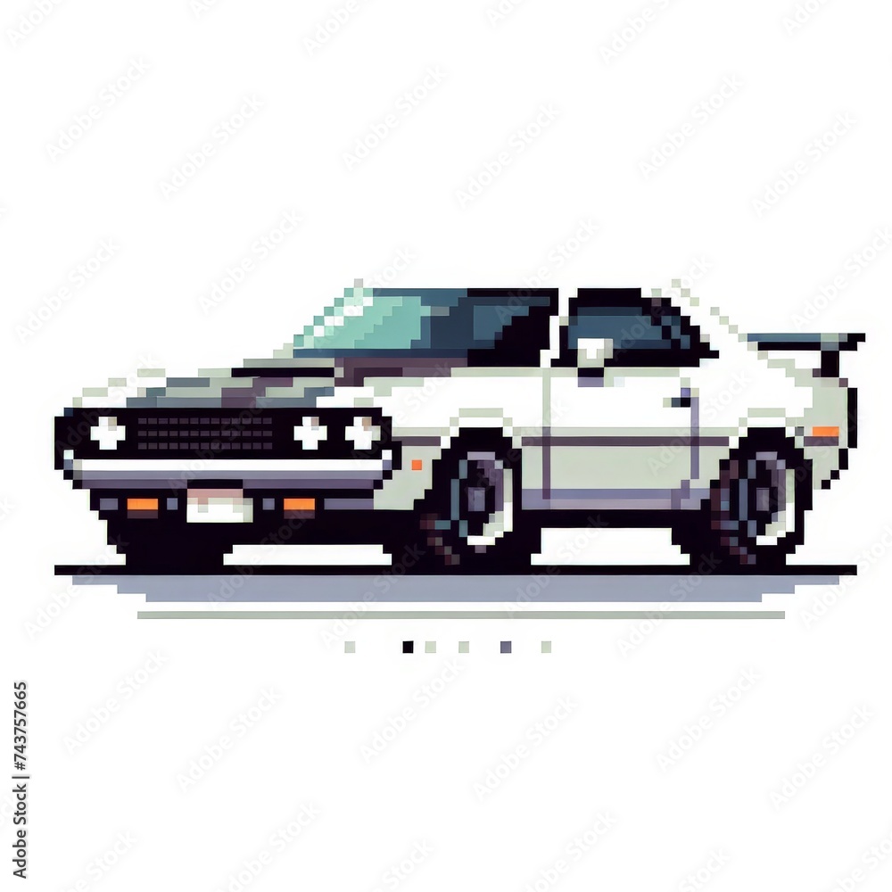 Fototapeta premium Pixel art of sport car with a white background, in the style of early 90s video game console, cute 8 bit illustration
