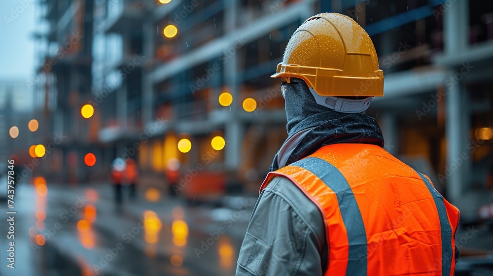 Construction engineer in safety gear observing site. Back view of construction worker in helmet. Construction engineer in safety gear observing site. Back view of construction worker in helmet.