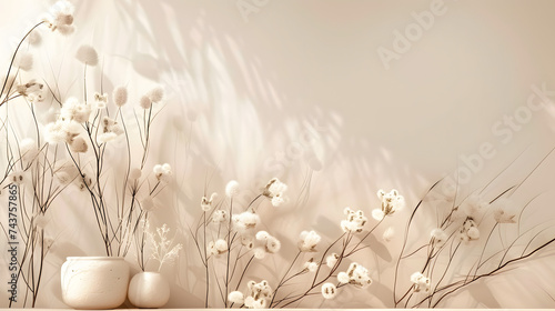 Boho style background with neutral pastel color style and natural floral elements. Aesthetic minimalism design for social media content. Simple beige chic elements. Calming and serene atmosphere