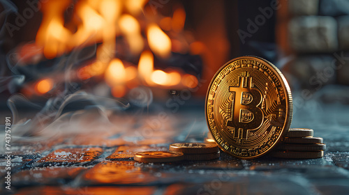 bitcoin crypto gold with a fireplace in the background © Hamsyfr