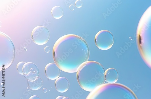 Macro close up of soap bubbles. Transparent drops liquid bubbles molecules. Colorful Abstract Background.