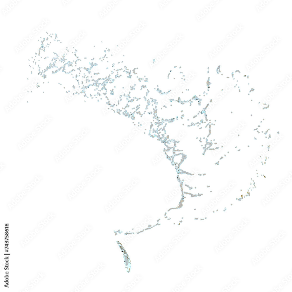 3d clear blue water scattered around, water splash transparent isolated. 3d render illustration