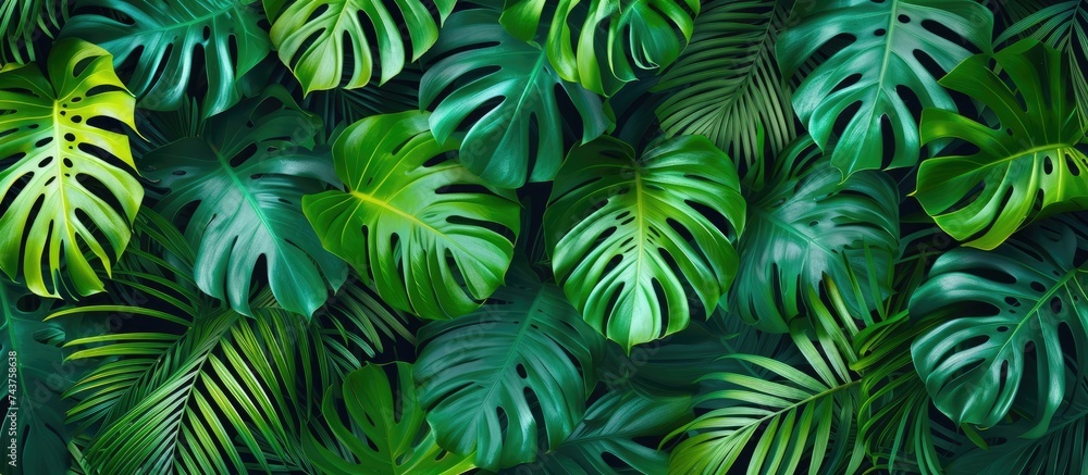 A large group of vibrant green leaves covers a wall, creating a lush and tropical pattern. The leaves are densely packed together, creating a visually striking display.