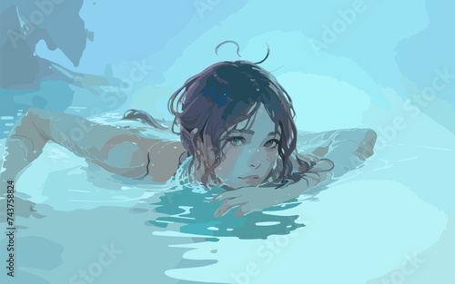 Watercolor abstract vector illustration with a young beautiful girl swimming in clear water. For print and web.