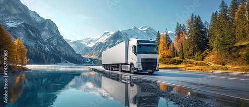 Commercial cargo transported in refrigerated trailer along tree-lined road by lake. Shipping concept photo