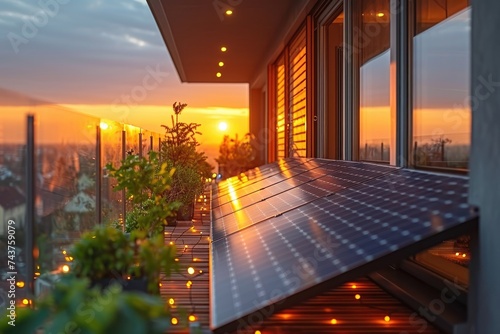The sun descends in a blaze of fiery hues, casting warm light over a rooftop adorned with a sleek solar panel