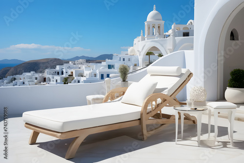 White sunbeds on hotel rooftop with sunny blue sky in background for sunbathing. With typical white architecture. Elegant decoration is perfect for holidays summer. Realistic clipart template pattern