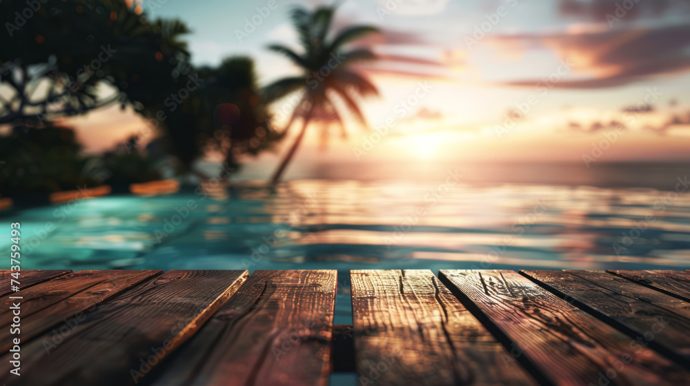 wooden table  tropical beach background