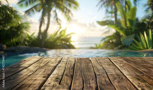 wooden table tropical beach background