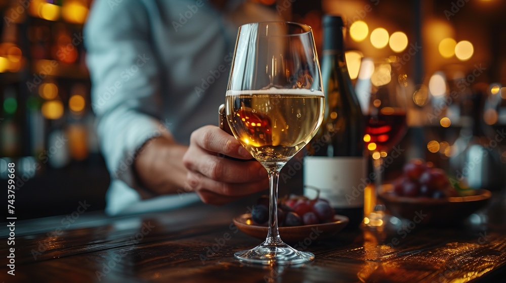 Close up of male hands holding a phone and wine glass at bar. Man looking at menu through phone.