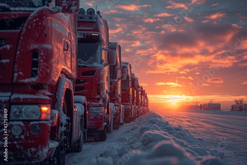 Dawn breaks over snow-bound trucks lined at a restive bogland