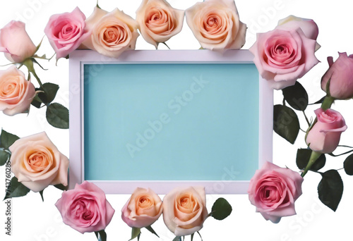 Arrangement of beautiful roses White paper frame on blue pastel background Mothers day Valentines Da