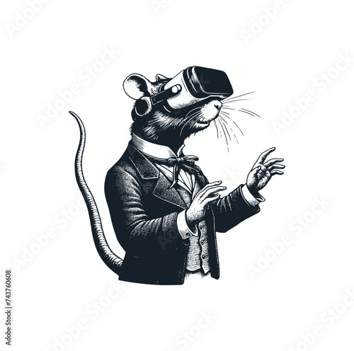 The Mouse using augmented reality headset and jacket suit. Black white vector illustration. photo