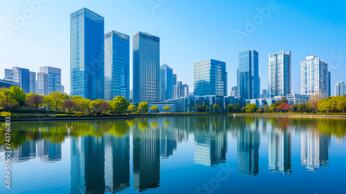 Downtown Mirage: Contemporary High-Rises Embrace Tranquil Reservoir © Andrii 