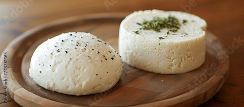 A wooden plate displays two pieces of cheese, including ball cheese and milk drop cheese, also known as topik peynir or sut damlasi peynir. photo