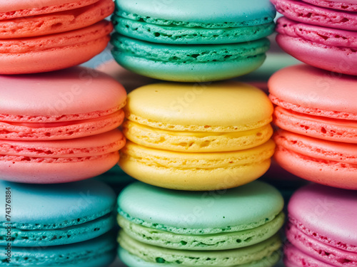Galletas Macaron de colores apilados. Vista de frente y de cerca. AI Generativa