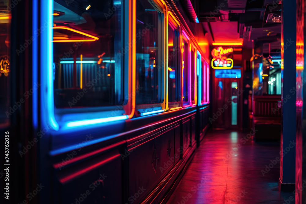 Long hallway with neon lights, suitable for modern urban concepts