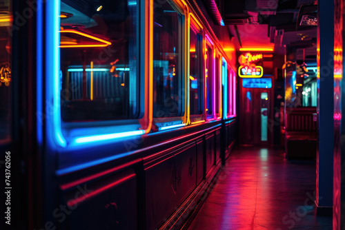 Long hallway with neon lights, suitable for modern urban concepts © Oleg